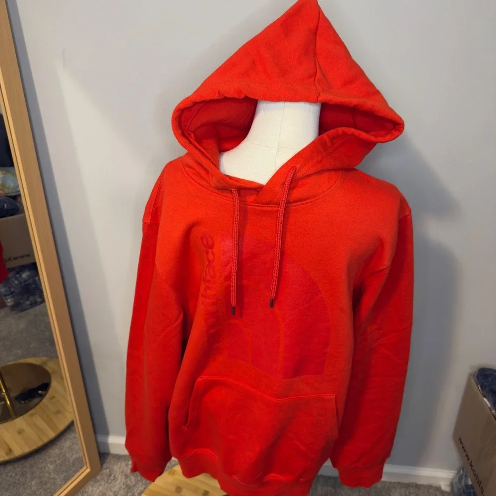 The North Face Mens‎ Red Orange Tonal Logo Pullover Fleece Hoodie Sweatshirt Lge